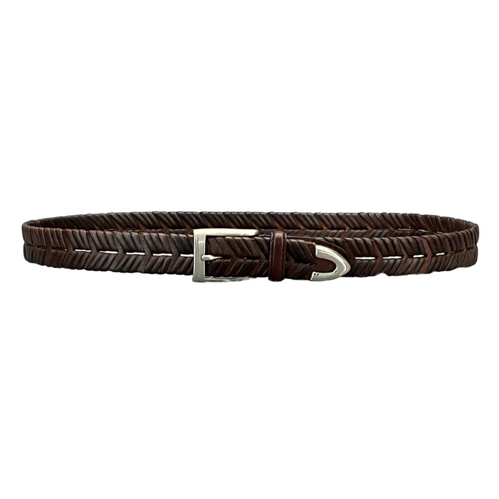 Western Brown Leather Chevron Woven Brush Nickel Buckle Belt Men 34” - 38”
